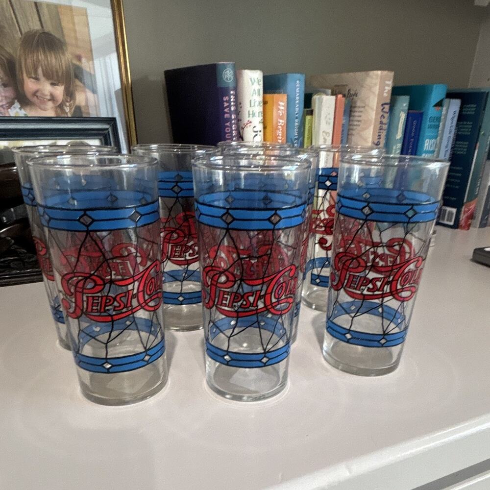 Pepsi Tiffany Style Drinking Glasses Blue & Red Logo Graphic Soda Theme Set of 8